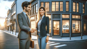 Female business owner standing on the street in front of the commercial property she has just purchased. She is shaking hands with the lender who approved her business for the loan. The new owner and lender appear pleased and confident with the successful transaction. 