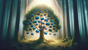 Image of a forest where the trees have credit cards growing from their branches. The strongest tree in the forest should is highlighted by a beam of sunlight, emphasizing its vitality and abundance of credit cards hanging from the branches. 