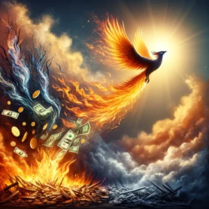 an abstract image depicting the concept of overcoming financial barriers to secure a large business loan without initial funds, through the powerful imagery of a phoenix rising from ashes. The phoenix symbolizes the business's rebirth, strength, and ability to rise above challenges, with flames and ashes representing initial financial struggles. As the phoenix soars upwards, it leaves a trail of golden coins and banknotes, illustrating the transformation and success achieved by securing the loan. The background's dynamic mix of warm colors transitioning to a clear sky represents the journey from hardship to financial freedom and success. This visual metaphor captures the essence of resilience and triumph in the face of financial challenges. 