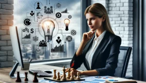 female business owner in a professional setting, considering her unique business circumstances to choose the best option for her company's future. She is at her desk, deeply focused on analyzing reports and financial projections displayed on her computer screen and printed charts. Icons that represent strategic thinking and decision-making, such as a chess piece, a lightbulb for ideas, and a dart hitting a target for precision. 