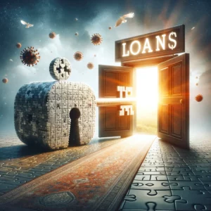 the idea of obtaining a large business loan with no initial capital. It features a giant key made of puzzle pieces, unlocking a massive door that leads to a treasury or a bright future. The key symbolizes the creative solutions and strategies required to secure financing, while the door represents the obstacles businesses must overcome. Beyond the door, a radiant light shines, depicting the vast opportunities and growth awaiting businesses once they've successfully navigated the loan process. This image conveys hope, innovation, and the unlocking of potential for businesses seeking substantial loans without upfront money.