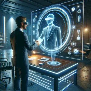 A person shaking hands with a hologram representing an online or alternative lender.