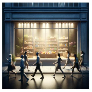 A group of people walking past the front of a store representing ineffective marketing and branding. 