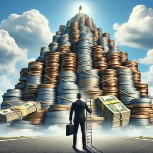 A business person standing on a road with a ladder and a stack of coins and capital representing a large business loan. 