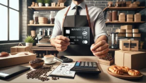 Small cafe business owner using a business credit card to purchase supplies. The icons such as a coffee cup, a calculator, and a credit card symbol to represent financial transactions and business purchases. 