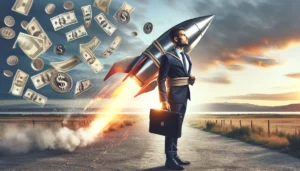 Business owner with a metaphorical rocket strapped to his back, symbolizing rapid growth and drive. The owner is looking into the distance where symbols of money, such as bills and coins, are floating in the air, representing the financial goals he is striving to reach. 