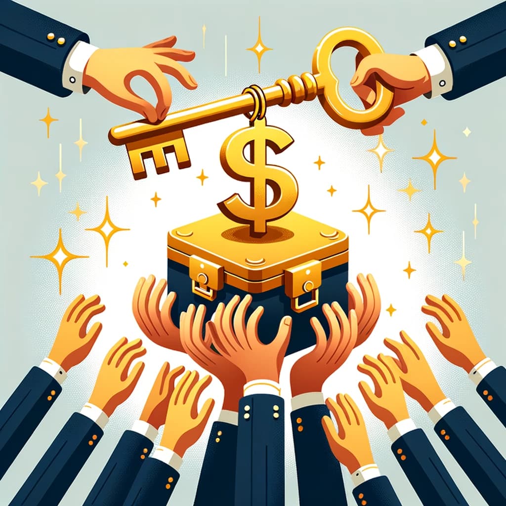 graphic of multiple hands lifting a golden key with a dollar sign emblem, symbolizing the potential unlocked by fast business loans