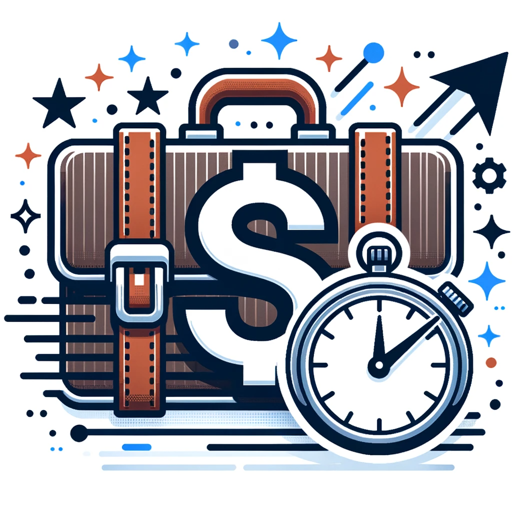 icon of a business briefcase with a dollar sign, overlaid with a stopwatch highlighting the speed, symbolizing the swiftness of fast business l