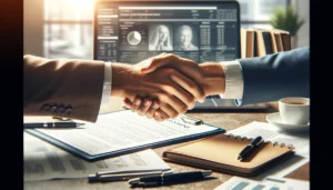 A close-up view of two hands shaking over a desk, symbolizing a business loan agreement. In the background, blurred financial documents, a laptop displaying a dynamic financial analysis software, and a cup of coffee can be seen, setting the scene of a successful negotiation. This image captures the moment of agreement between a borrower and a lender, highlighting the importance of trust and mutual understanding in financial dealings, especially in the context of second position loans and business loan stacking strategies.