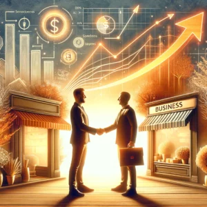 conceptual image capturing the moment a merchant receives funding from a merchant cash advance, illustrated through a handshake between the merchant and a representative of the lending company. The background features elements indicative of growth and success, like a flourishing business storefront or an upward trending graph, all bathed in warm, inviting light to suggest optimism and the positive impact of the funding.  This visualization aims to symbolize the essence of financial support and partnership provided by merchant cash advances, focusing on the mutual benefit and the hopeful journey ahead for the merchant. 