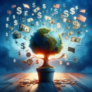 "The Ultimate Guide to Merchant Cash Advance USA," featuring a flourishing tree with roots shaped like dollar signs, planted in a pot resembling the United States map. Various currencies flutter like leaves above the tree, symbolizing the abundance and flexibility of funding options available through merchant cash advances. The background's gradient from blue to light reflects reliability and trust, encapsulating the essence of financial empowerment and the vast opportunities merchant cash advances offer to businesses across the USA.