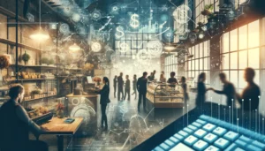A conceptual image of a bustling small business interior, perhaps a cafe or a retail shop, filled with customers and activity. The foreground shows a counter with a modern cash register, and the background features employees engaging with customers. Overlaying this vibrant scene are translucent visuals of financial symbols, such as dollar signs, percentages, and arrows, representing the flow of working capital. This image highlights the critical role of loans for working capital in maintaining the day-to-day operations and growth of small businesses, depicting a direct connection between financing and business activity.