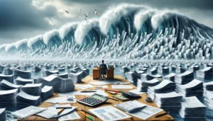 A conceptual image showing a vast sea of paperwork, with towering waves made of financial documents and receipts. In the foreground, a small wooden desk floats, where a business owner is frantically working, surrounded by calculators, pencils, and more paperwork piling up. The scene captures the overwhelming nature of managing business finances and the complexity of understanding accounting principles such as why revenue is credited in financial statements. The contrast between the calm sea and the turbulent paperwork waves metaphorically illustrates the challenges of financial management.