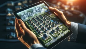 A close-up image of a developer's hands, holding a tablet that displays a dynamic 3D model of a planned residential development. The model includes detailed houses, landscaping, and infrastructure, such as roads and utilities, all designed with precision. This image signifies the technological advancements in land development, where digital tools are used to visualize and plan projects effectively. It showcases the critical role of land development loans in turning these digital blueprints into real, tangible communities where people can live and thrive.