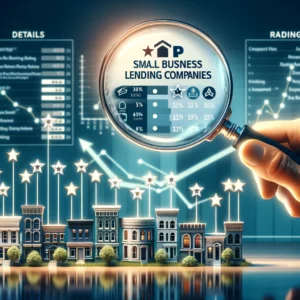 an image that visually represents a review of top small business lending companies. It features a scene with a magnifying glass focused on a row of miniature buildings, each labeled with different logos of well-known small business lending companies. Beneath the magnifying glass, the details and ratings of the companies are highlighted, symbolizing a thorough evaluation and comparison of their services. The background showcases a chart with upward trends, indicating the growth and success stories of businesses that have benefited from these lending services.