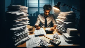 A photo-realistic scene in an office, late at night, where a business owner sits at a desk piled high with financial statements, invoices, and receipts. The owner looks tired but determined, using a calculator and making notes with a pencil, trying to reconcile accounts and understand the accounting principles behind why revenue is considered a credit. The desk lamp casts a warm glow, highlighting the intense focus and the mountains of paperwork that need to be navigated to keep the business on track financially.