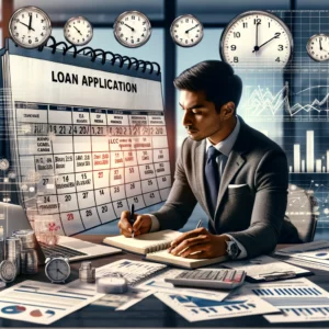 Business owner sitting at a desk, analyzing a large, detailed calendar with dates highlighted and a clock beside it, symbolizing the timeline for loan approval and funding. The entrepreneur is surrounded by business documents, loan application forms, and a laptop displaying graphs of financial analysis.