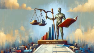 An abstract illustration that personifies the concept of why is revenue a credit. Imagine revenue as a character, depicted as a regal figure made of currency, holding a large ledger book. The character stands on a platform of credit cards and financial documents, with a balance scale in one hand, symbolizing the balancing act of revenues and expenses. This character oversees a bustling marketplace of businesses and consumers below, representing the economy's flow of money and the role of revenue in financial statements.