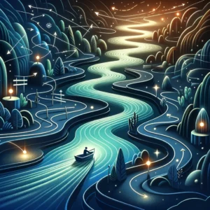  image symbolizing the journey of acquiring a merchant cash advance, visualized through the metaphor of navigating a river. A small boat, representing the merchant, navigates through a winding river filled with obstacles and forks, each symbolizing different stages and decisions in the process. The river flows from a darker, turbulent beginning towards a serene and luminous ending, signifying successful funding and growth. Glowing points of light along the riverbanks represent key insights or moments of clarity that guide the merchant on their journey.  