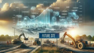 A bustling construction site with machinery and workers in action, illustrating the development phase of a land project. The foreground shows a sign with the words 'Future Site of [Project Name]', indicating the potential and promise of the undeveloped land. In the sky above, a conceptual overlay shows a financial graph and key figures, representing the budgeting and financial planning behind the project. This image highlights the transformation from planning to action, underpinned by the financial support of a land development loan.