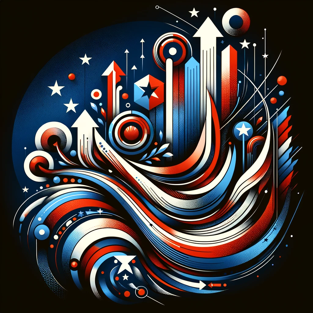 abstract image symbolizing the best business loans in the USA, incorporating the national colors of red, white, and blue. The design features dynamic shapes and patterns that intertwine, representing growth, unity, and the supportive financial system for businesses. Subtle elements like upward arrows, circles, and stars are integrated to echo themes of optimism, prosperity, and the diverse opportunities available through business loans in the USA.