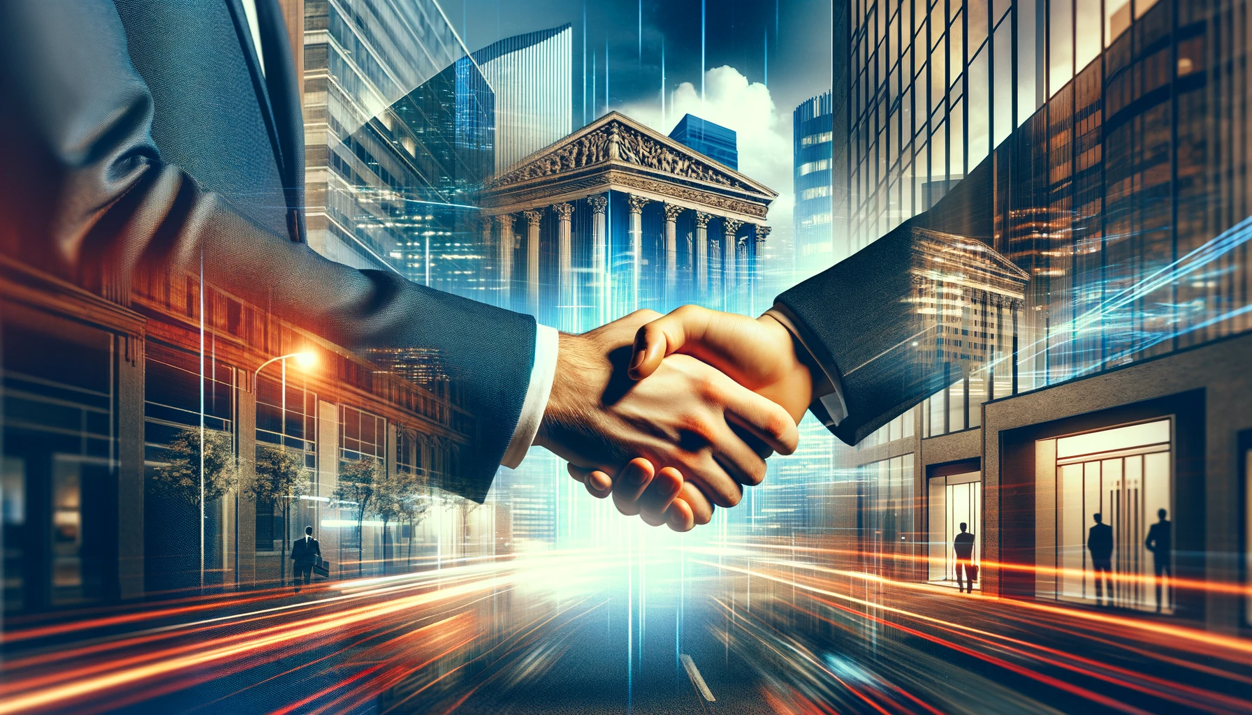 A dynamic scene of a handshake between a business owner and a loan officer in front of a bank or financial institution. The background showcases a bustling cityscape, symbolizing economic activity and growth. This handshake signifies the agreement and trust in the partnership for a working capital loan. The image represents the critical step of securing financing to fuel business operations and growth, highlighting the mutual benefits of such financial agreements for both lenders and borrowers in the vibrant ecosystem of commerce.