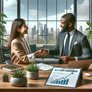a confident entrepreneur, a man, in a modern office setting, shaking hands across a desk with a financial advisor. Both are smiling, symbolizing a successful agreement. The desk has documents with the title 'LLC Loan Agreement' and a laptop displaying growth charts, indicating the significance of the loan for business expansion.