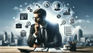 business owner deep in thought, surrounded by icons representing the prerequisites for refinancing a business loan. The owner at a desk with symbolic icons floating around, such as a checklist, a credit score chart, financial documents, a percentage symbol, and a calculator. 
