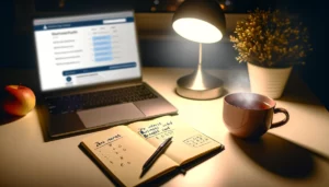A peaceful and focused home office setup at night, illuminated by a soft desk lamp. On the desk, there's a notepad filled with calculations and notes comparing various zero interest business credit card offers. Beside the notepad, a laptop is open to a banking website, and a cup of tea emits a warm steam, creating a cozy atmosphere. This image captures the personal and thoughtful process many entrepreneurs go through when deciding on the best financial tools for their business, highlighting the significance of zero interest credit cards in achieving business goals.
