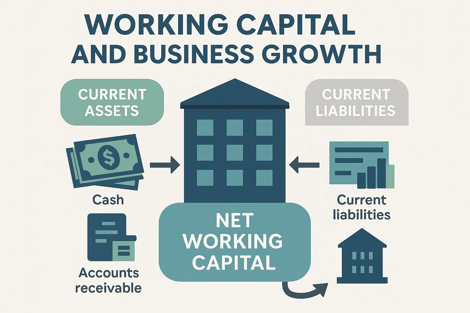 Educational infographic illustrating working capital's role in business growth, when you say, 