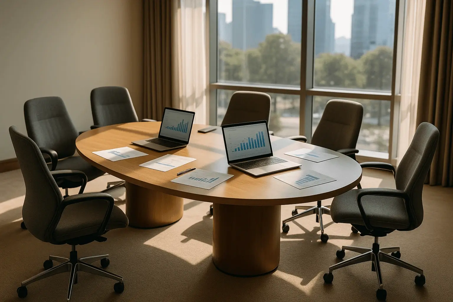 A plush, contemporary office meeting room with an oval conference table, ergonomic chairs, laptops showing financial graphs, and sunlight filtering through large windows. Captures concept of business funding meetings. Canon EOS R5 camera used.