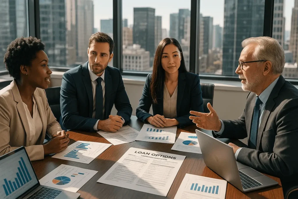 A diverse group of business professionals discusses loaning money to a small business. Talking about options for growth in a modern conference room with cityscape view, surrounded by charts, loan documents, and laptops displaying financial software. Natural sunlight enhances the dynamic atmosphere, suggesting strategic planning and collaboration.
