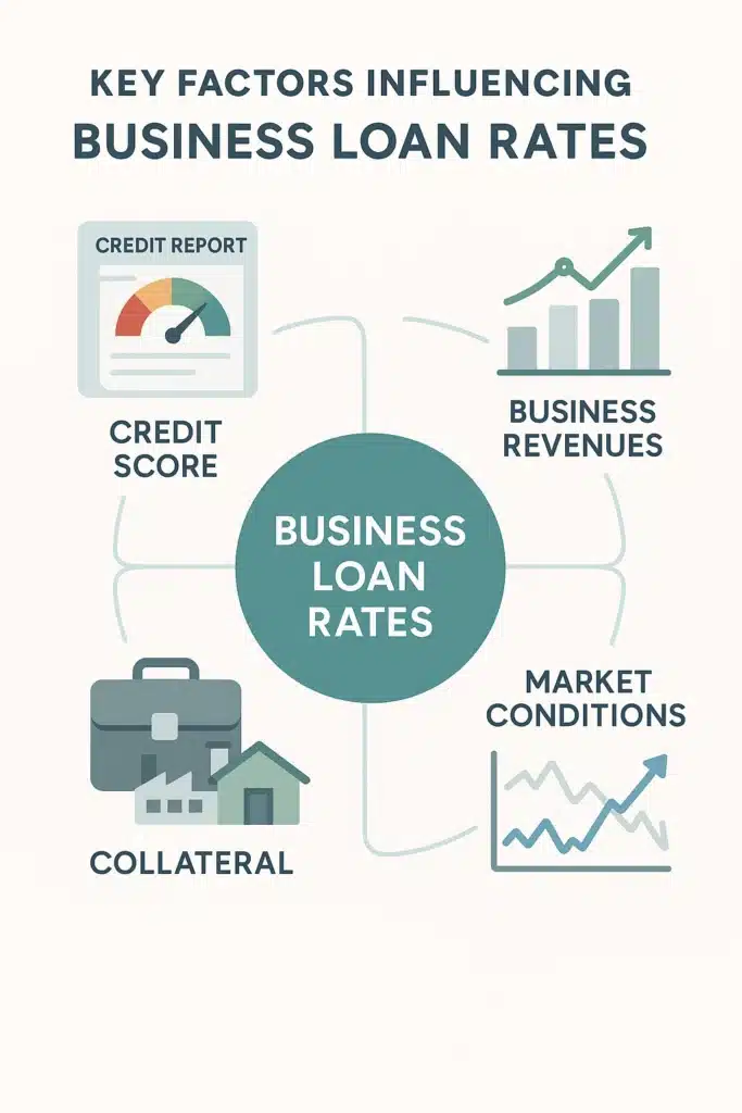 Infographic explaining key factors influencing Business Loan Rates for Entrepreneurs with Excellent Credit Scores, featuring sections on credit score, business revenues, market conditions, and collateral. Icons illustrate a credit report, revenue growth graph, market fluctuations, and collateral assets. Connected to 'Business Loan Rates' center circle with soft blues, greens, grays.