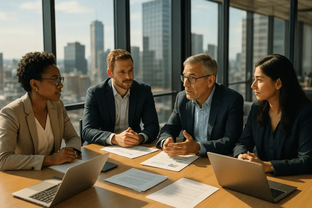 Diverse business professionals discuss obtaining a loan in a glass-walled office with city views. Papers and laptops are scattered on a modern conference table, capturing realism and details, in a warm atmosphere illuminated by sunlight through large windows.