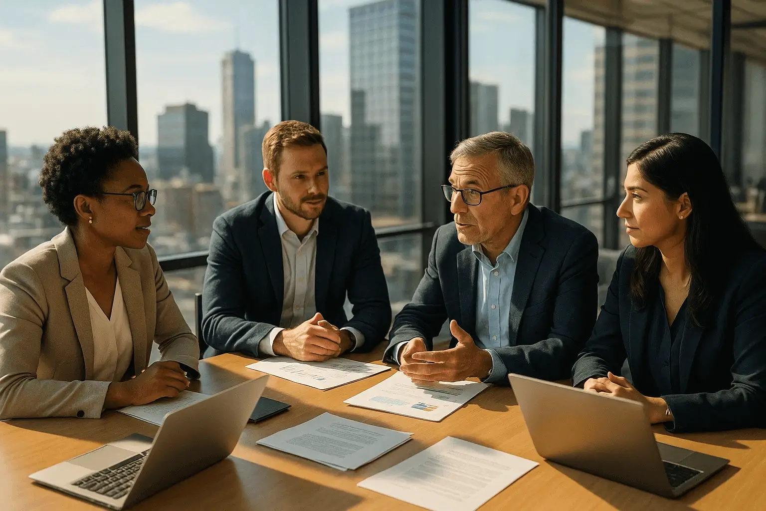 Diverse business professionals discuss obtaining a loan in a glass-walled office with city views. Papers and laptops are scattered on a modern conference table, capturing realism and details, in a warm atmosphere illuminated by sunlight through large windows.