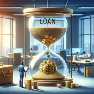 A person standing next to a hourglass with coins and a sign representing the several factors can influence the maturity date of a loan. Interest rates can directly correlate with the time to pay off a loan. 