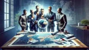 A group of entrepreneurs, CEOs and business owners standing around a table with a globe, considering business acquisition financing, and carefully evaluating the pros and cons. 