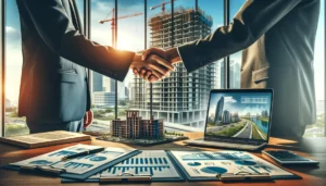 A photo-realistic image of a developer and a financial advisor shaking hands across a table, symbolizing the agreement on a land development loan. The background shows a bright, modern office with large windows overlooking a construction site where land development is about to begin. On the table between them are financial documents, a laptop showing financial projections, and architectural models of the planned development. This image captures the moment of partnership and mutual agreement that is crucial in the financing of land development projects.