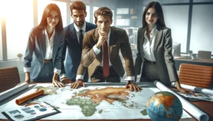 A group of business owners, which can include an entrepreneur, a CEO, and a business owner, preparing for an exhilarating journey of business expansion through acquisition. They are standing together, with a map on a table in front of them, symbolizing their strategic planning. 