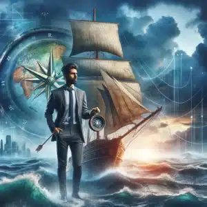 An image of a determined entrepreneur standing at the helm of a metaphorical ship, which represents their business. The ship is on a vast ocean, symbolizing the financial world. Searching for the guide on how to secure an LLC loan.