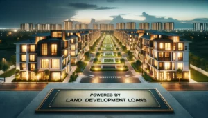 An evening scene of a finished development project, with modern residential and commercial buildings beautifully lit up. The streets are clean and well-designed, with green spaces and pedestrian areas. This image captures the successful outcome of a land development project, showcasing the vibrant community and economic growth that result from strategic planning and financial investment. In the foreground, a plaque reads 'Powered by Land Development Loans', emphasizing the crucial role of financial backing in bringing such projects to life.