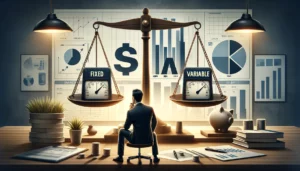 A person sitting on a chair looking at a balance scale pondering Fixed vs. Variable SBA Interest Rates: Choosing the Best Option for Your Business
