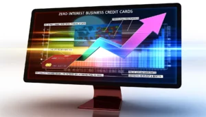 A dynamic, colorful graph displayed on a computer monitor, illustrating the potential savings and financial growth from using zero interest business credit cards wisely. The graph shows an upward trend, with annotations explaining key milestones, such as paying off purchases before the interest-free period ends, and leveraging rewards for business benefits. This visually engaging image highlights the strategic advantages of utilizing zero interest credit cards in a business's financial planning and the impact it can have on overall financial health and growth.