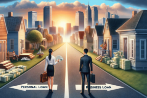 Two entrepreneurs standing on a street with a divergent paths. One opts for a personal loan, the other a business loan to help start their business endeavor. it begs teh question Personal Loans for Business vs.Business Loans 