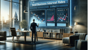 Comparing Small Business Administration (SBA) interest rates to make informed business decisions. The image depicts a business person with a focus on financial decision-making.
