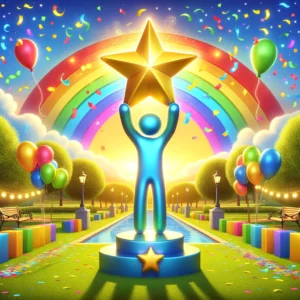 Here's a joyful and vibrant image celebrating the success of the Autism Scholarship Winner. It features a figure holding aloft a shining star amidst colorful confetti and balloons, set against a backdrop of a rainbow arching over a beautifully landscaped park. This scene symbolizes hope, diversity, and the bright spectrum of possibilities, conveying a message of triumph and joy in an uplifting manner.