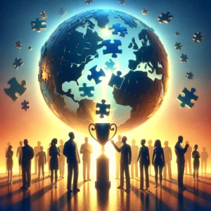 Here's a celebratory image that beautifully captures the essence of inclusivity and support for the Autism Scholarship Winner. It features a group of diverse individuals standing together around a glowing globe adorned with puzzle pieces, symbolizing the global autism community and the interconnectedness of all individuals. A symbolic trophy or medal floats above the globe, signifying the recognition and celebration of the scholarship winner's achievements. The background's dawn colors symbolize hope, new beginnings, and the bright future that awaits the scholarship winner.