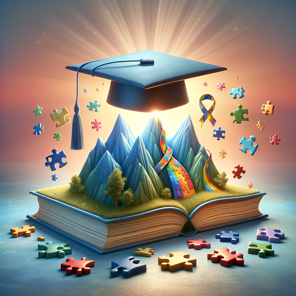 Here's an inspirational image symbolizing the achievement of an Autism Scholarship Winner. It features an open book with a graduation cap on top, with the pages forming the shape of a mountain peak, representing the journey towards success and knowledge. Around the book, colorful puzzle pieces float, symbolizing the autism awareness ribbon and the diverse aspects of the autism spectrum, against a soft, radiant gradient background suggesting a dawn of new opportunities. This image captures the themes of achievement, support, and inclusivity, celebrating the educational endeavors of individuals with autism.