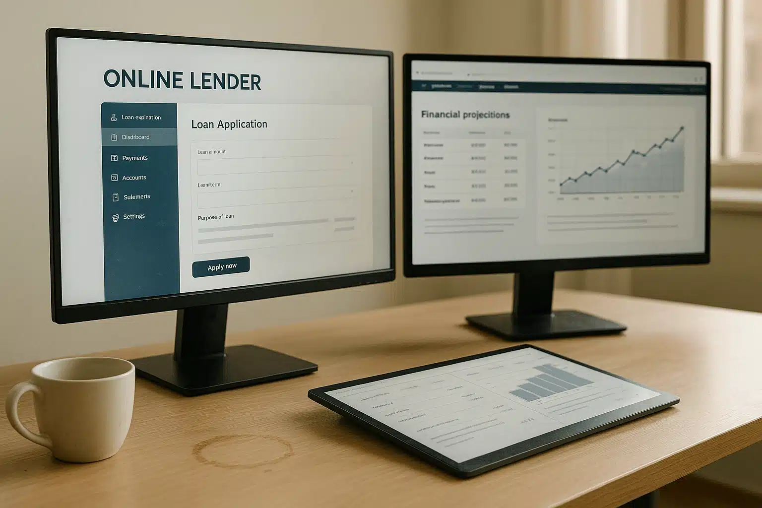 Dual screens on a minimalist desk displaying an online lender's interface and financial projections, illustrating modern financial management and innovation, with realistic touch details like fingerprints and a coffee stain in ambient afternoon light.