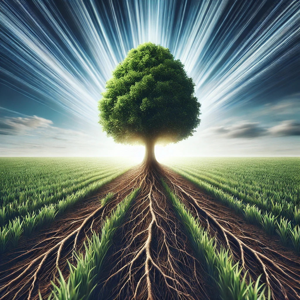  A visually striking image of a single towering tree growing strong and tall in a wide, open field, symbolizing the power of concentrating resources 